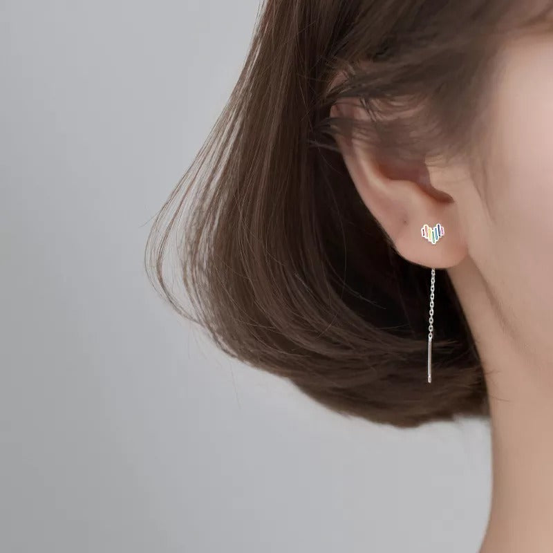 ANYCO Fashion Earrings Genuine Sterling Silver Sweet Lovely Colorful Love Heart Tassel Stud for Women Teen Chic Ear Line Jewelry