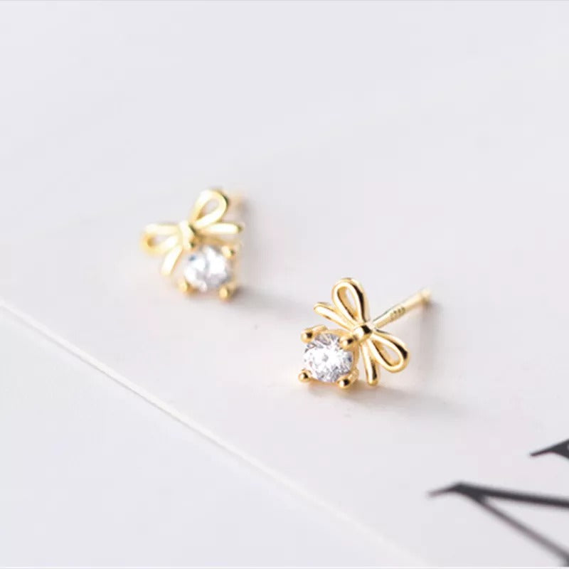 ANYCO Fashion Earrings Gold 925 Sterling Silver Sweet Bowknot Crystal Zircon Small Stud for Women Ladies Jewelry