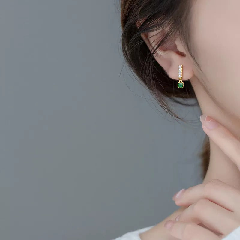 ANYCO Fashion Earrings Gold 925 Sterling Simple Luxury Green Zircon Pearl Pendant Stud for Women Spanish Wedding Fine Jewelry