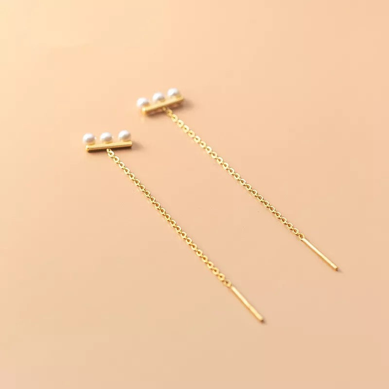 ANYCO Fashion Earrings Gold 925 Sterling Simple Synthetic Pearl Chain Tassel Long Ear Line for Women Cute Party Jewelry Gift
