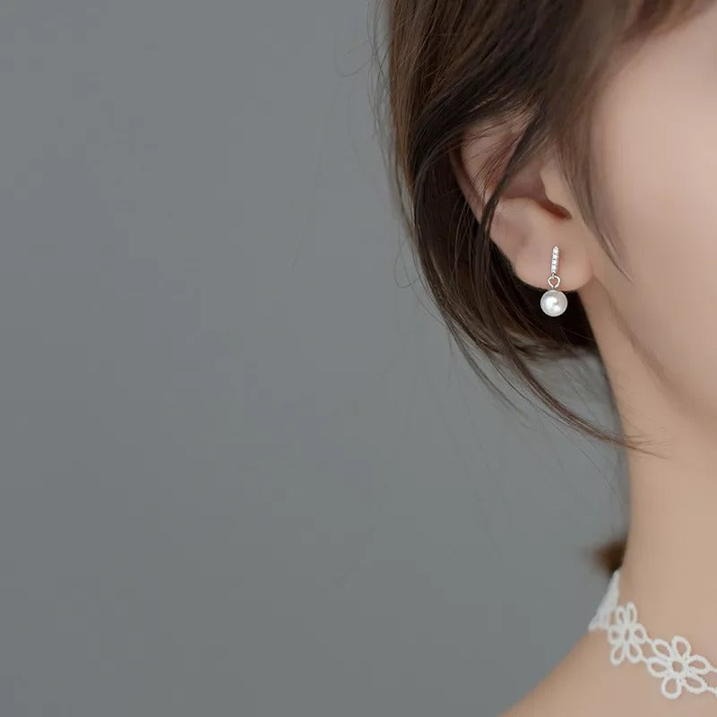 ANYCO Fashion Earrings Sterling Silver Trendy Pave Zircon Pearl Pendant Stud for Women Chic Charm Party Jewelry Accessories