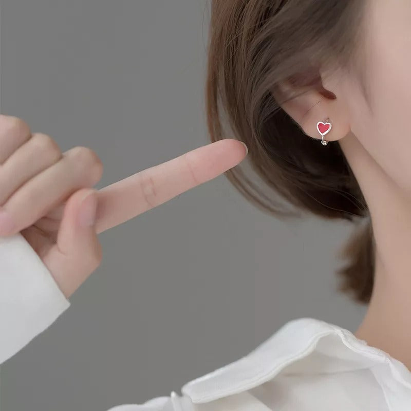 ANYCO  Fashion Earrings Silver 925 Sterling Romantic Love Heart Red Enamel Piercing Women Jewelry Ear Buckle