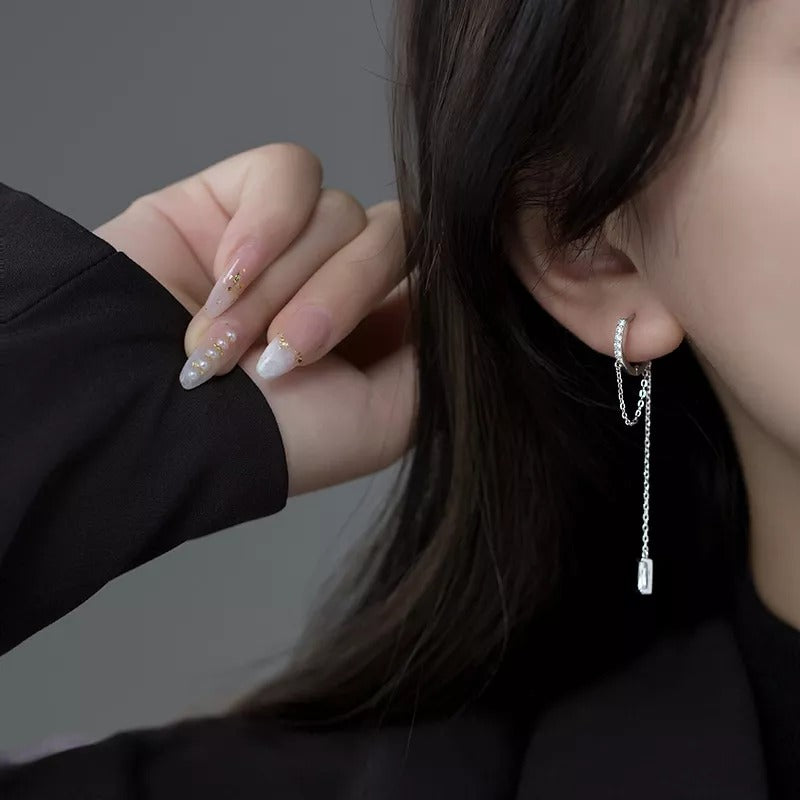 Anyluxe Fashion Earrings Gold 925 Sterling Silver Tassel Chain Square Zircon Ear Buckle for Women Jewelry Accessories