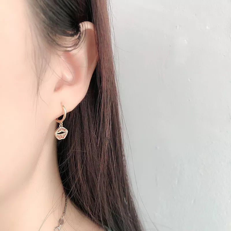 ANYCO Earrings Gold Plated Red Zirconia Lips Lipstick Drape For Women Teen Girl Fine Fashion Stylish Accessories Jewelry Gifts