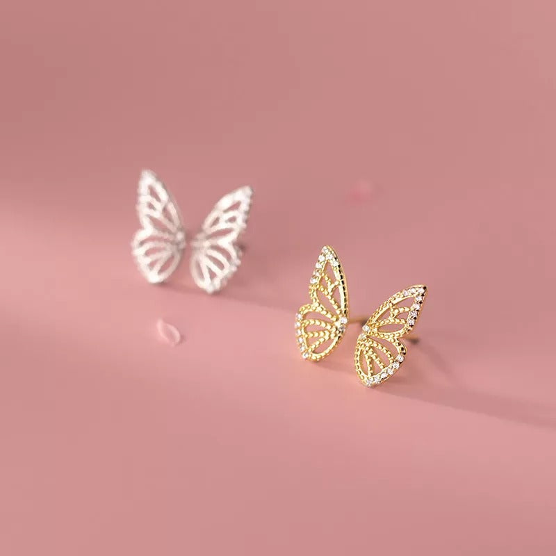 ANYCO Fashion Earrings Gold 925 Sterling Romantic Butterfly Small Stud for Women Charm Jewelry Girl Gift