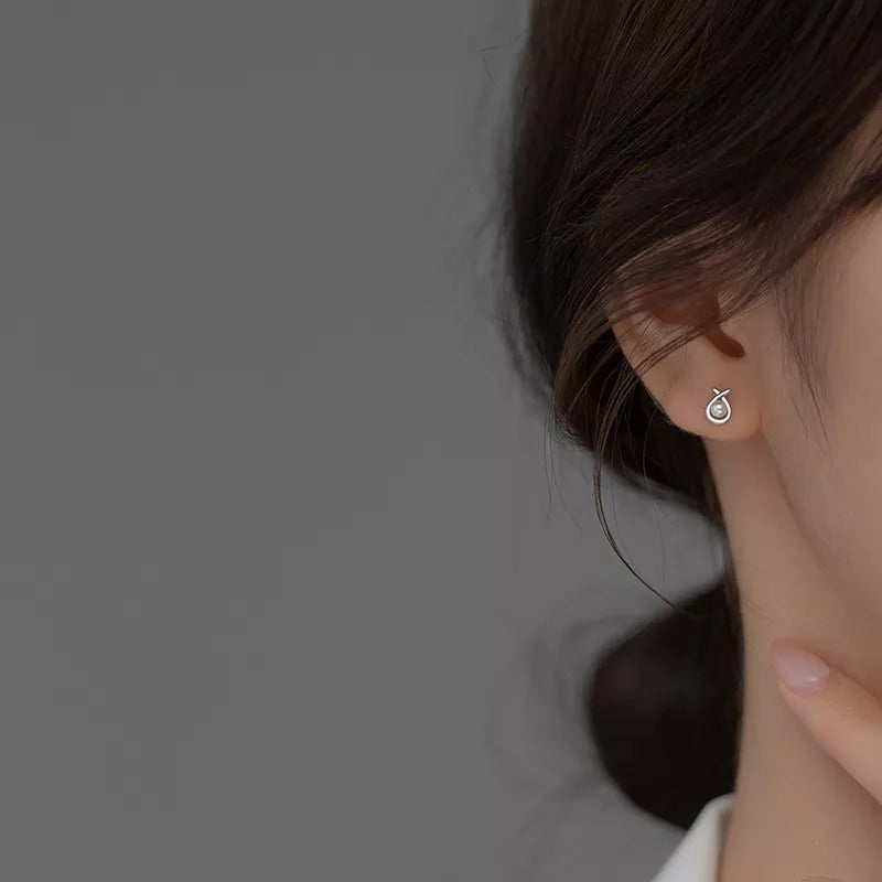 ANYCO Fashion Earrings Silver 925 Sterling Simple Geometric Line Synthetic Pearl Small Stud for Women Piercing Jewelry