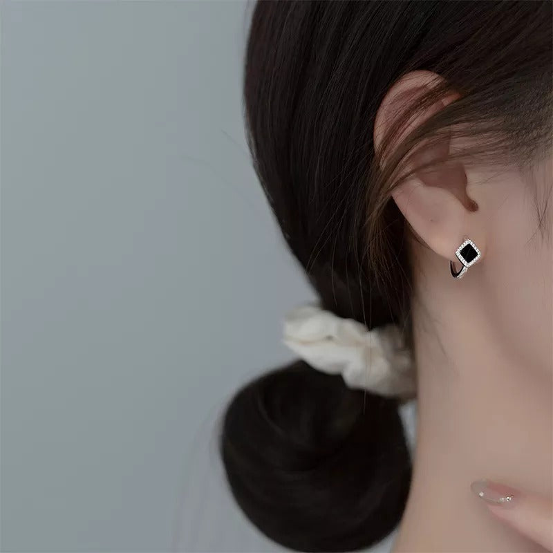 ANYCO Fashion Earrings Silver 925 Sterling Luxury Gothic Black Enamel Diamond Huggies Hoop Women Jewelry