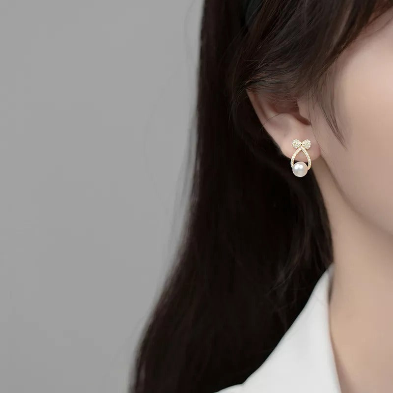 ANYCO Fashion Earrings Gold 925 Sterling Silver Shiny Zircon Bow Natural Pearl Hollow Stud for Women Jewelry