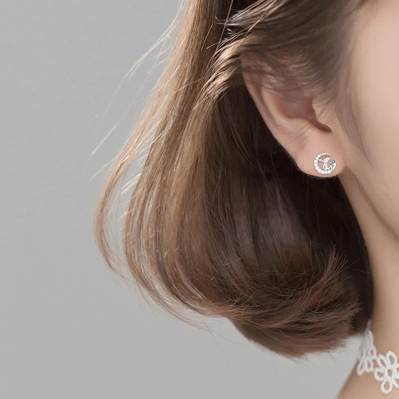 ANYCO Fashion Earrings Genuine  Sterling Silver Blue Zircon Petite Moon Little Prince Stud Earrings for Women Jewelry Gift