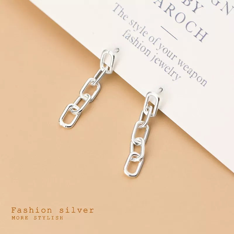 ANYCO Fashion Earrings Genuine Sterling Silver Punk Cuban Link Chain Stud Ring Clasp Dangle Rock Jewelry Gift for Women