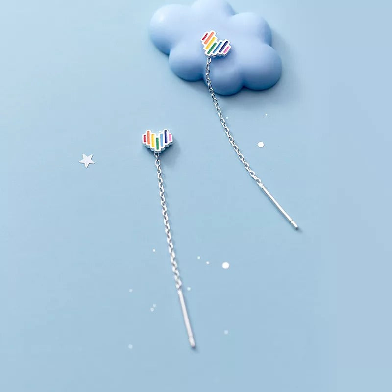 ANYCO Fashion Earrings Genuine Sterling Silver Sweet Lovely Colorful Love Heart Tassel Stud for Women Teen Chic Ear Line Jewelry