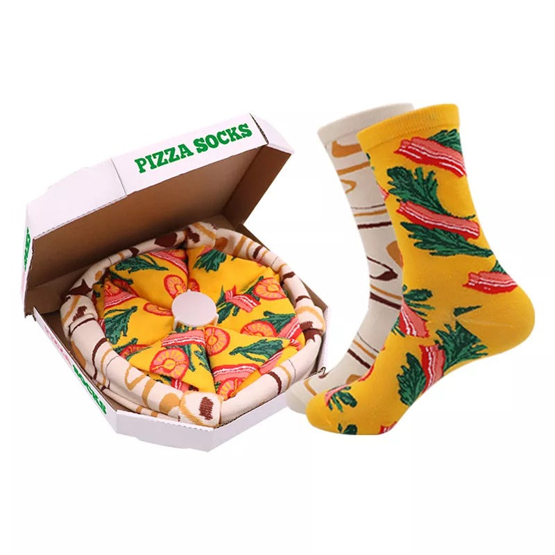 Anyfootwear Biege and Mustard Size 5-11 Fashion Socks With Pizza Design Happy Harajuku Skate Cotton Comfortable To Wear Perfect For Christmas Gift