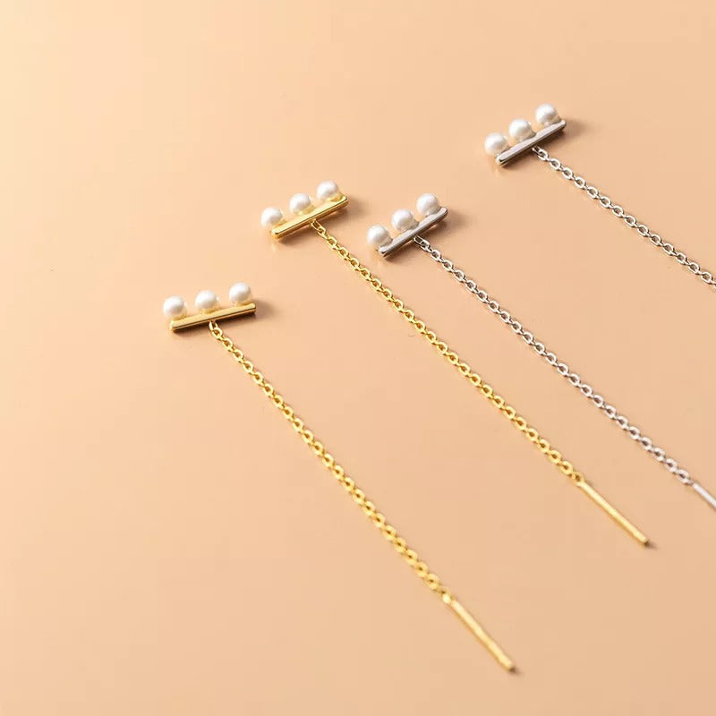 ANYCO Fashion Earrings Gold 925 Sterling Simple Synthetic Pearl Chain Tassel Long Ear Line for Women Cute Party Jewelry Gift