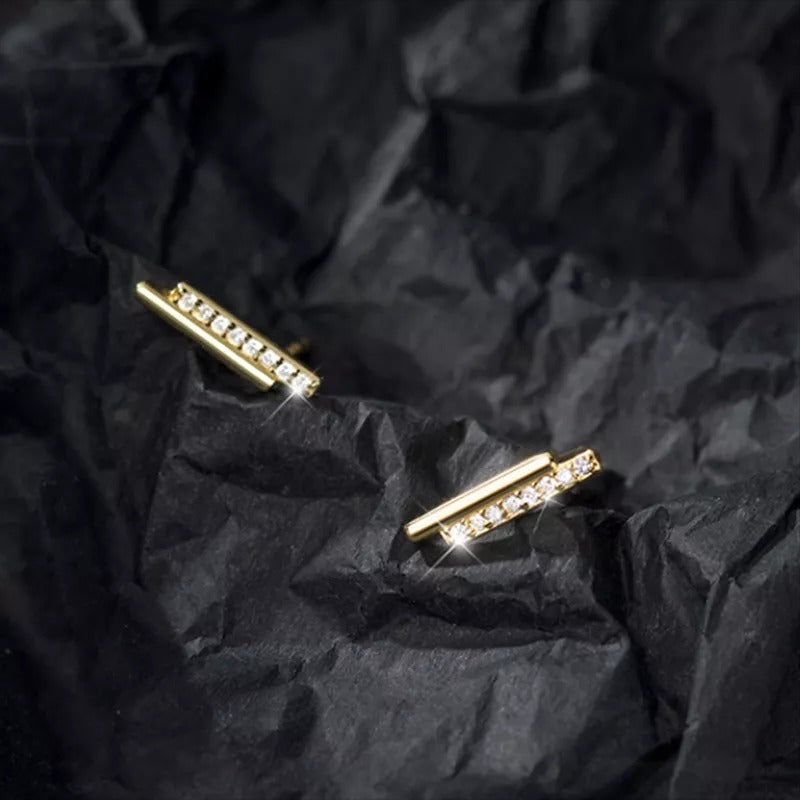 ANYCO Fashion Earrings Gold Strip Shiny Zircon Small Stud Simple Unique Elegant Party Jewelry for Women