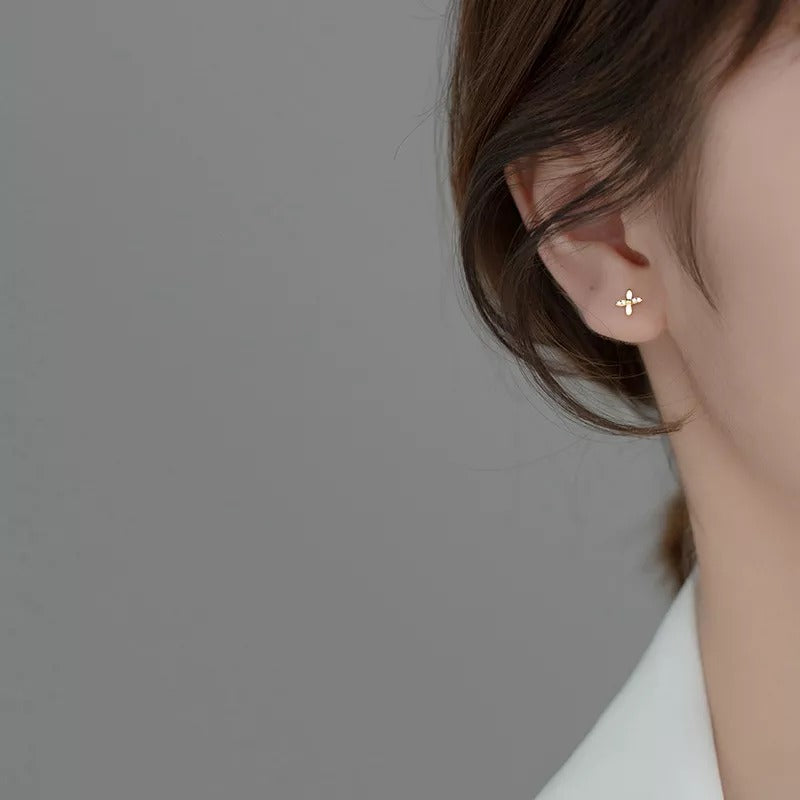ANYCO Fashion Earrings Gold 925 Sterling Simple CZ Zircon Classic Cross Four Petal Flower Stud for Women Teen Birthday Jewelry Gift