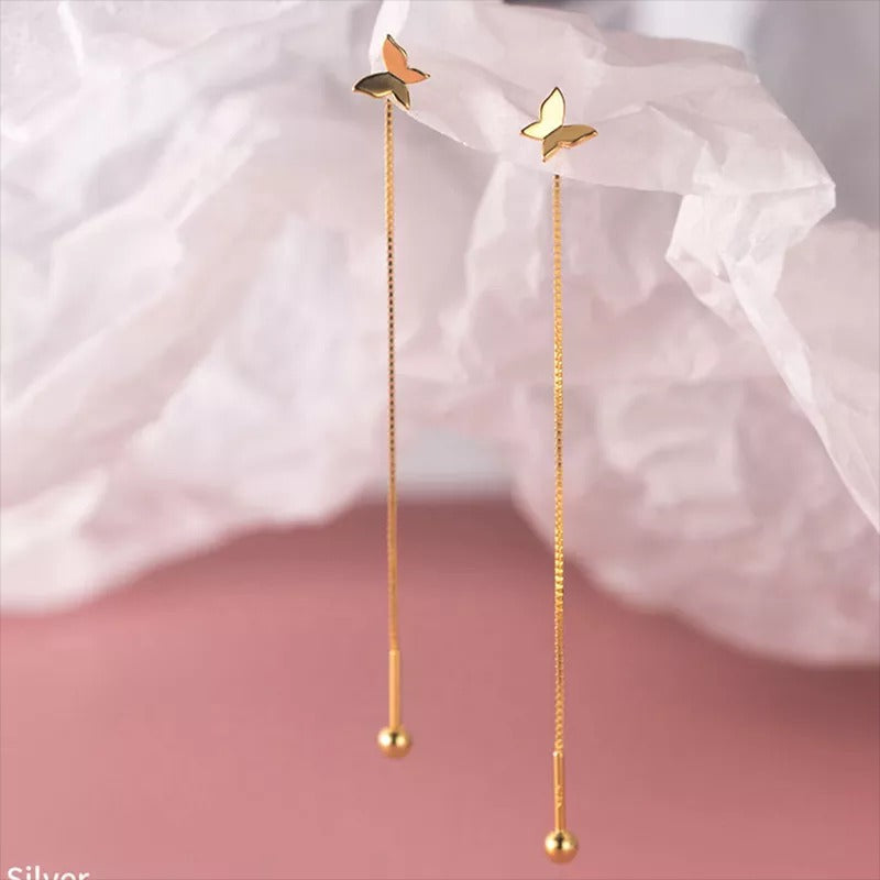 ANYCO Fashion Earrings Gold 925 Sterling Silver Sweet Romantic Butterfly Tassel Ear Line Drop for Women Jewelry Gift