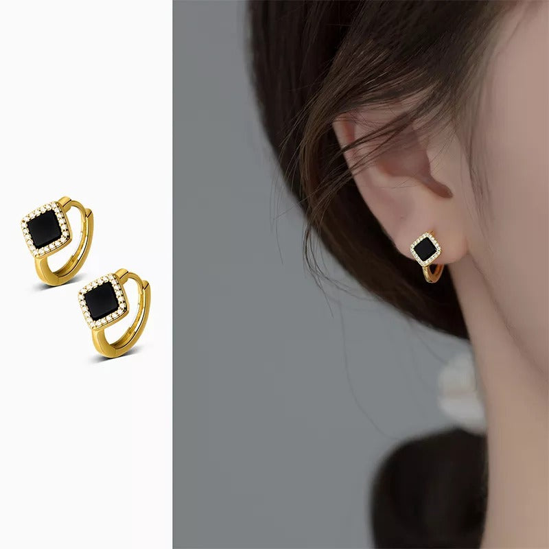 ANYCO Fashion Earrings Gold 925 Sterling Silver Luxury Gothic Black Enamel Diamond Huggies Hoop Women Jewelry