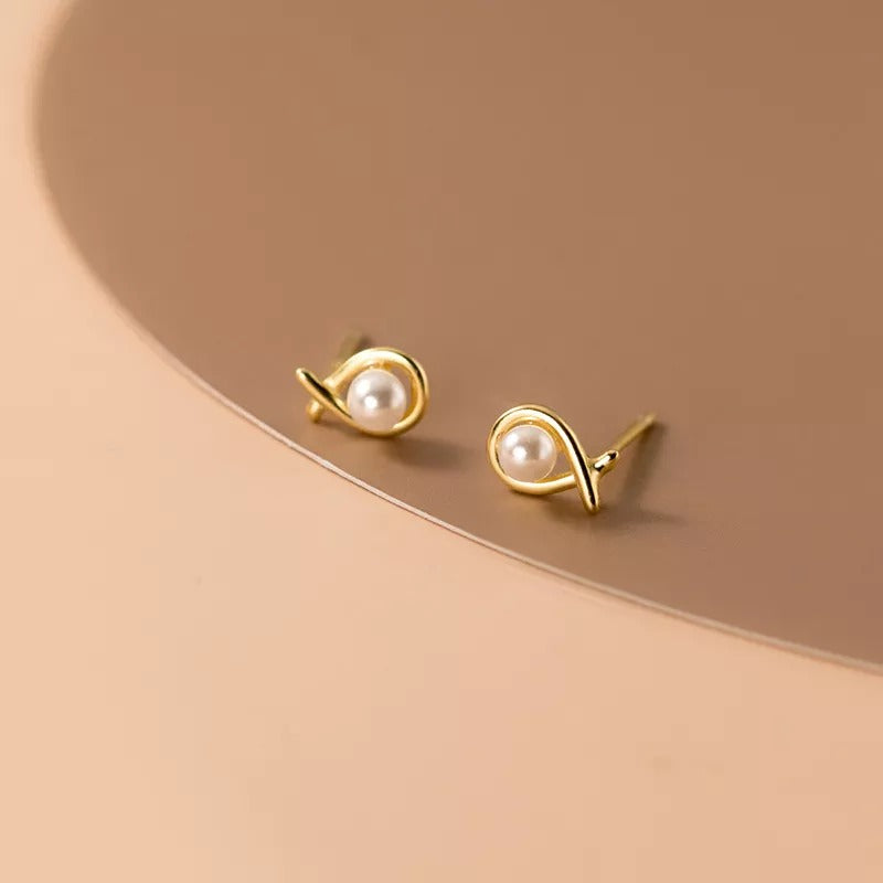 ANYCO Fashion Earrings Gold 925 Sterling Silver Simple Geometric Line Synthetic Pearl Small Stud for Women Piercing Jewelry
