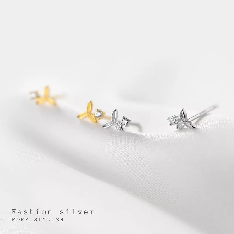 ANYCO Fashion Earrings Sterling Silver 925 Simple Sweet Clover Shiny Zircon Small Stud Teen Chic Ear Bone Piercing Women Jewelry