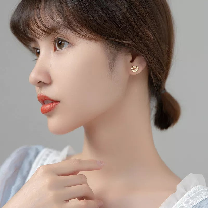 ANYCO  Fashion Earrings Gold 925 Sterling Hollow Double Love Heart Stud for Women Romantic Wedding Girlfriend Jewelry Gift