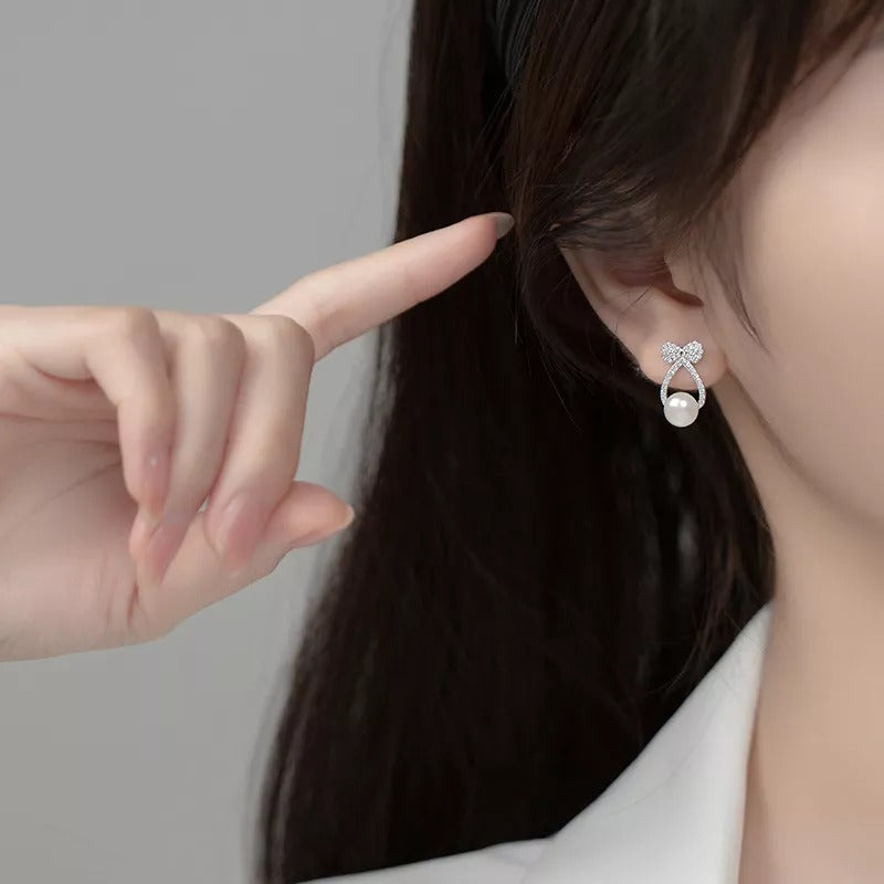 ANYCO Fashion Earrings Silver 925 Sterling Shiny Zircon Bow Natural Pearl Hollow Stud for Women Jewelry