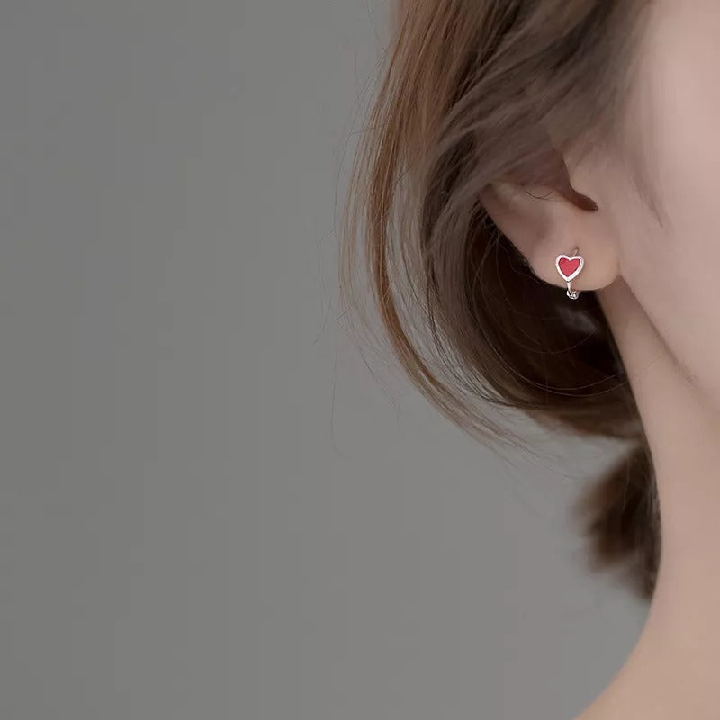 ANYCO  Fashion Earrings Silver 925 Sterling Romantic Love Heart Red Enamel Piercing Women Jewelry Ear Buckle