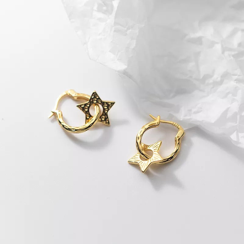 ANYCO Fashion Earrings Gold 925 Sterling Punk Personality Circle Star Pendant for Women Bohemian Fine 18k Jewelry