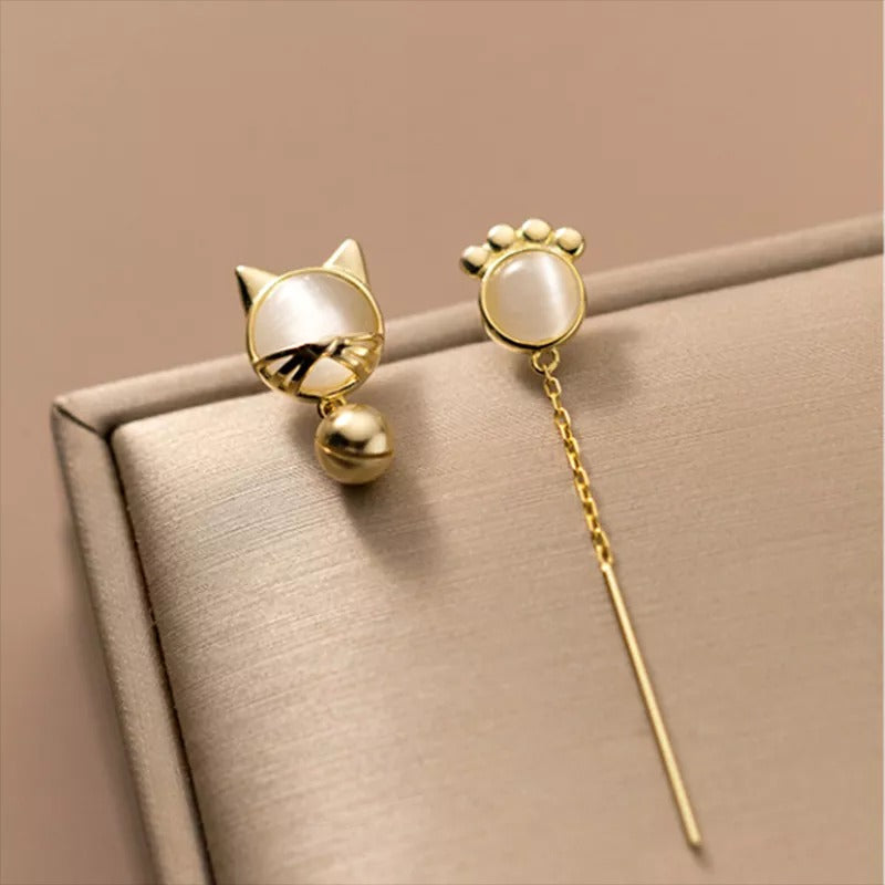 ANYCO Fashion Earrings Gold 925 Sterling Silver Unique Cat Claw Chain Tassel Bell for Women Cute Cat  Jewelry