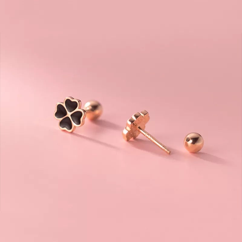 ANYCO Fashion Earrings Sterling Silver Chic Black Zircon Four-leaf Clover Spiral Bead Stud for Women Party Wedding Jewelry