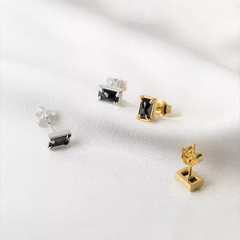 ANYCO Fashion Earrings Gold 925 Sterling Silver Black Luxury Zircon Simple Square Small Stud for Women Jewelry