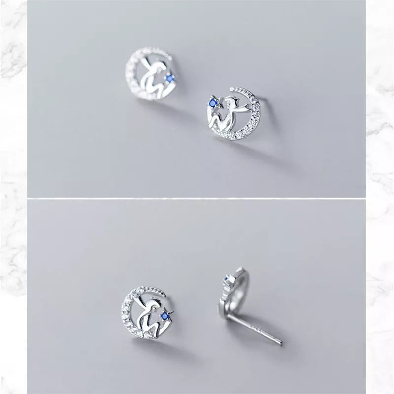 ANYCO Fashion Earrings Genuine  Sterling Silver Blue Zircon Petite Moon Little Prince Stud Earrings for Women Jewelry Gift
