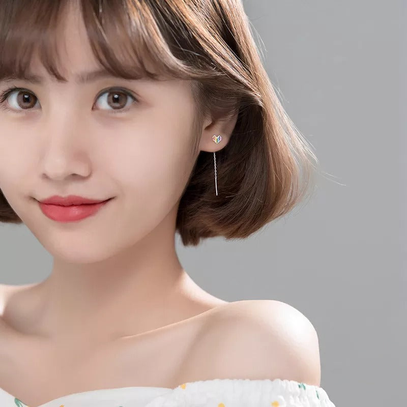 ANYCO Fashion Earrings Genuine Sterling Silver Sweet Lovely Colorful Love Heart Tassel Stud for Women Teen Chic Ear Line Jewelry