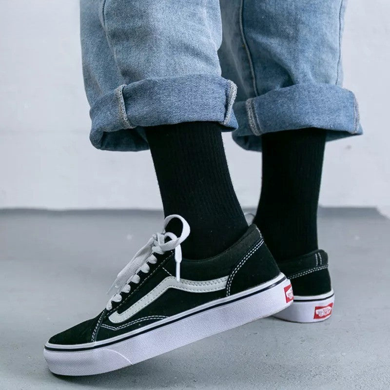 Anyfootwear 5 Pairs Black Size 4-10 Sports Socks Solid Colors Cotton Skateboard Knitted Casual Unisex