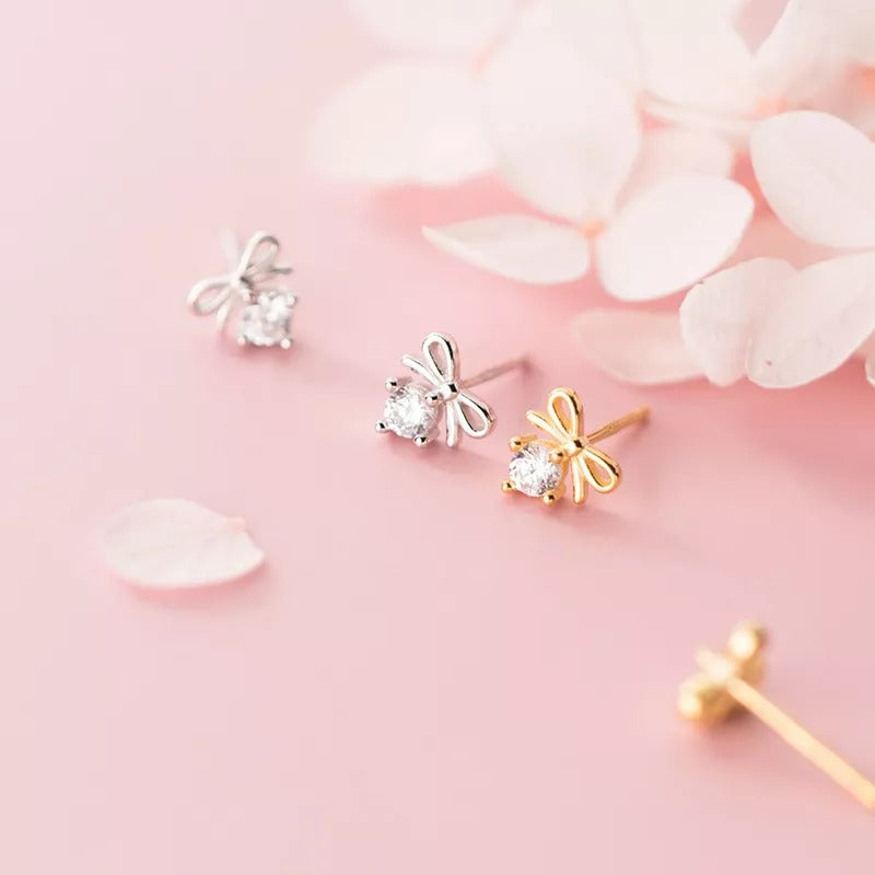 ANYCO Fashion Earrings Silver 925 Sterling Sweet Bowknot Crystal Zircon Small Stud for Women Ladies Jewelry