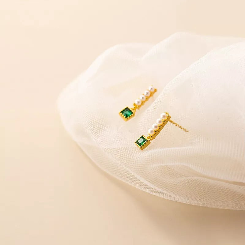 ANYCO Fashion Earrings Gold 925 Sterling Simple Luxury Green Zircon Pearl Pendant Stud for Women Spanish Wedding Fine Jewelry