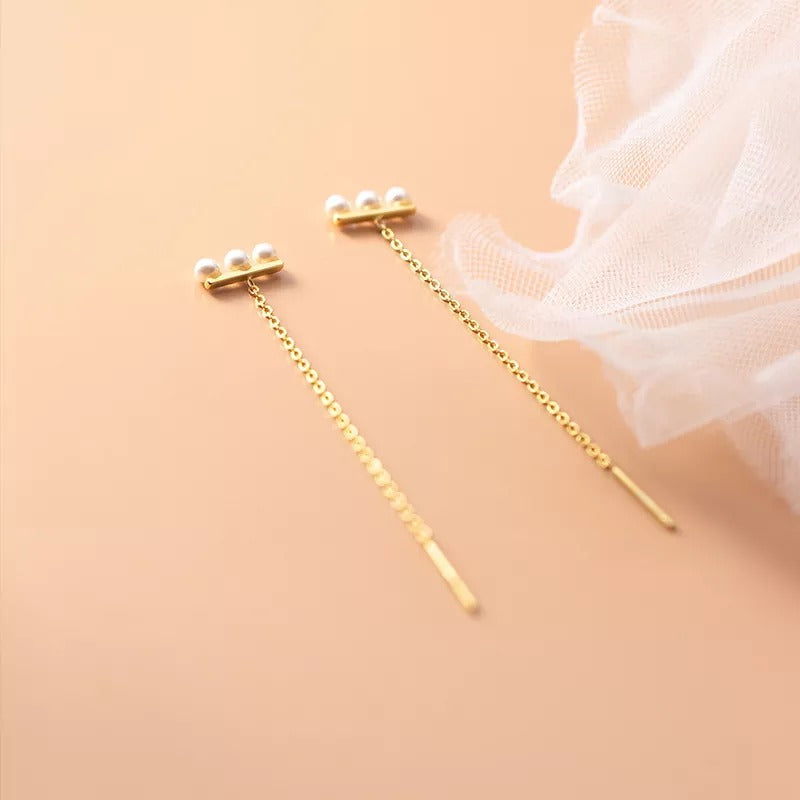 ANYCO Fashion Earrings 925 Sterling Silver Simple Synthetic Pearl Chain Tassel Long Ear Line for Women Cute Party Jewelry Gift