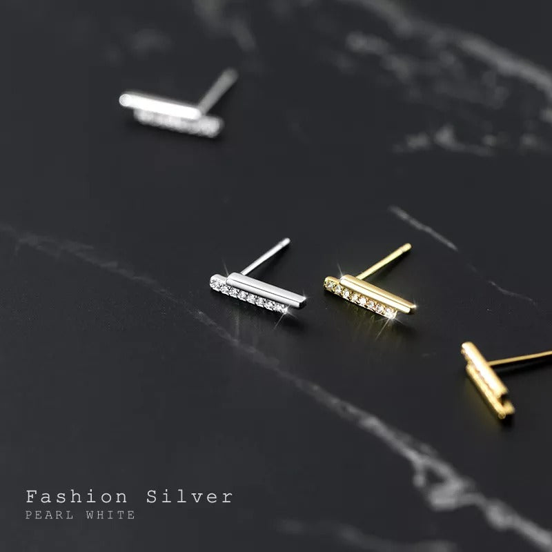 ANYCO Fashion Earrings Sterling Silver Strip Shiny Zircon Small Stud Simple Unique Elegant Party Jewelry for Women