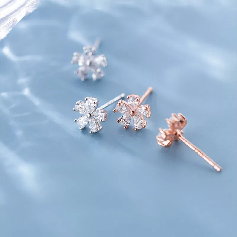 ANYCO Fashion Earrings Rose Gold Luxury Crystal Zircon Romantic Flower Stud for Women Chic Teen Party Wedding Jewelry
