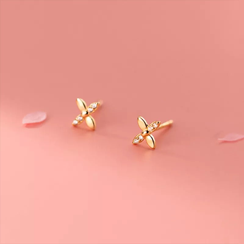 ANYCO  Fashion Earrings 925 Sterling Silver Simple CZ Zircon Classic Cross Four Petal Flower Stud for Women Teen Birthday Jewelry Gift