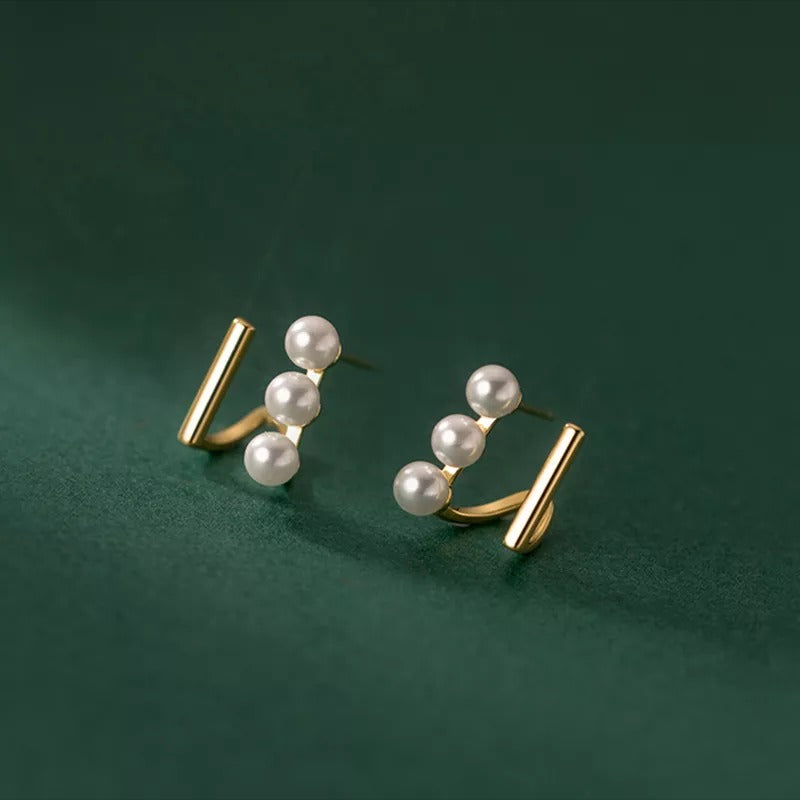 ANYCO Fashion Earrings Gold 925 Sterling Silver Simple Double Statement Synthetic Pearl Stud for Women Jewelry