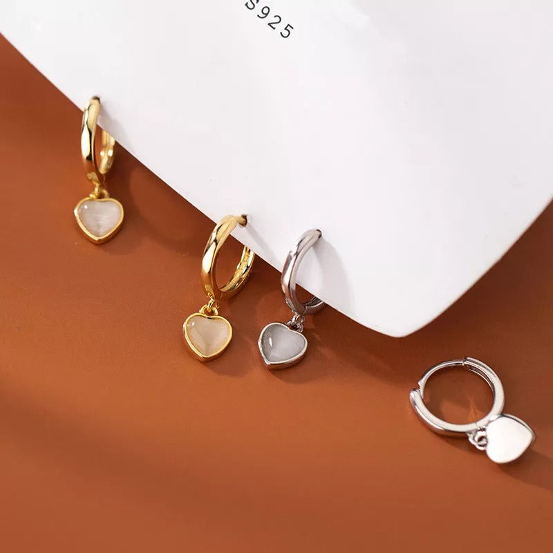 ANYCO Fashion Earrings Gold 925 Sterling Silver Simple Love Heart Opal Pendant for Women Huggies Jewelry Gift