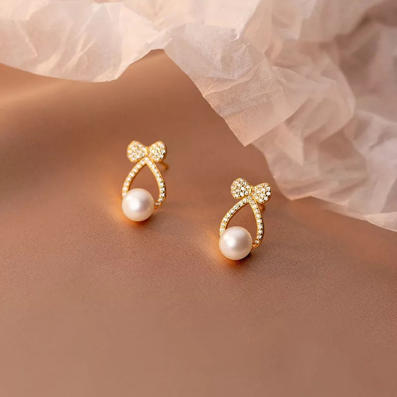 ANYCO Fashion Earrings Gold 925 Sterling Silver Shiny Zircon Bow Natural Pearl Hollow Stud for Women Jewelry