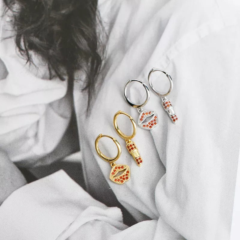 ANYCO Earrings Gold Plated Red Zirconia Lips Lipstick Drape For Women Teen Girl Fine Fashion Stylish Accessories Jewelry Gifts