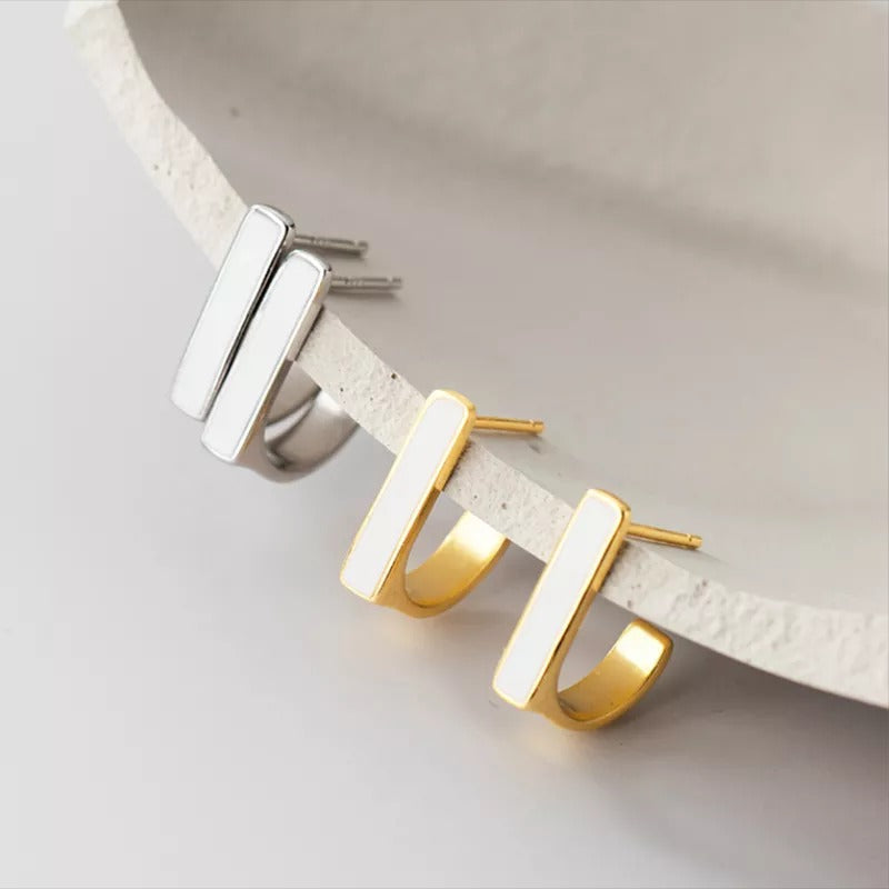 ANYCO Fashion Earrings Gold 925 Sterling Silver Geometric Square White Enamel Elegant Stud for Women Jewelry