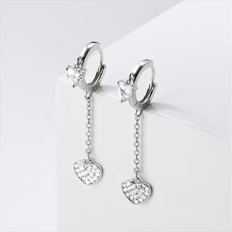 ANYCO Fashion Earrings Silver 925 Sterling Romantic Tassel Love Heart Charms Drop for Women Huggies Jewelry