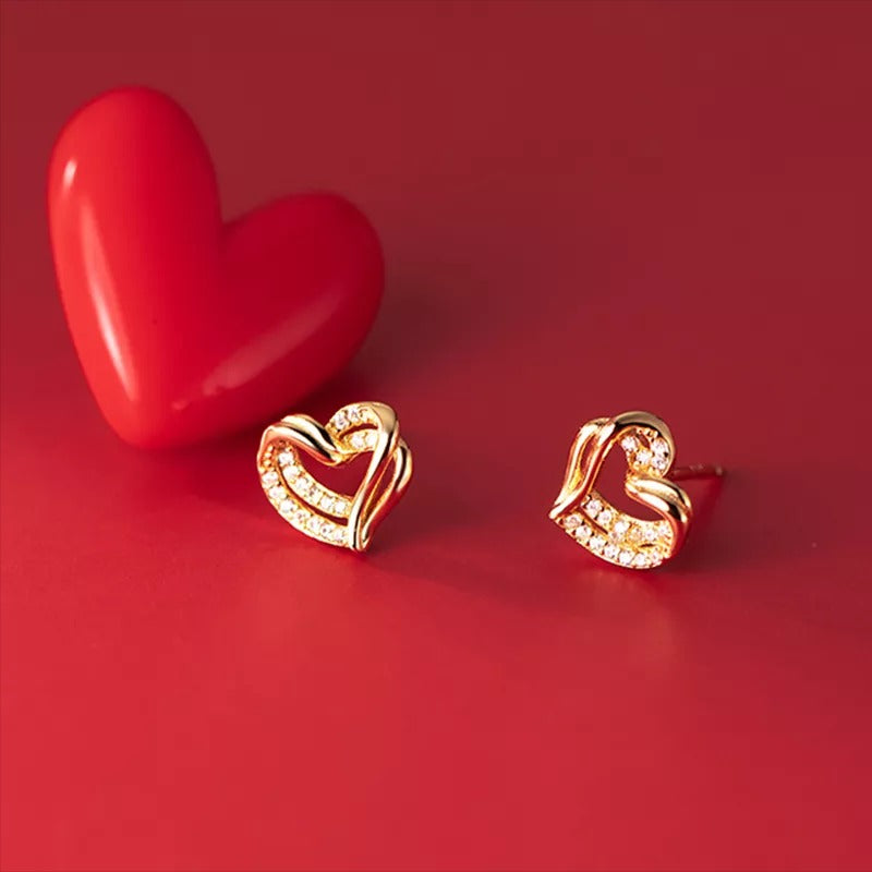 ANYCO  Fashion Earrings Gold 925 Sterling Hollow Double Love Heart Stud for Women Romantic Wedding Girlfriend Jewelry Gift