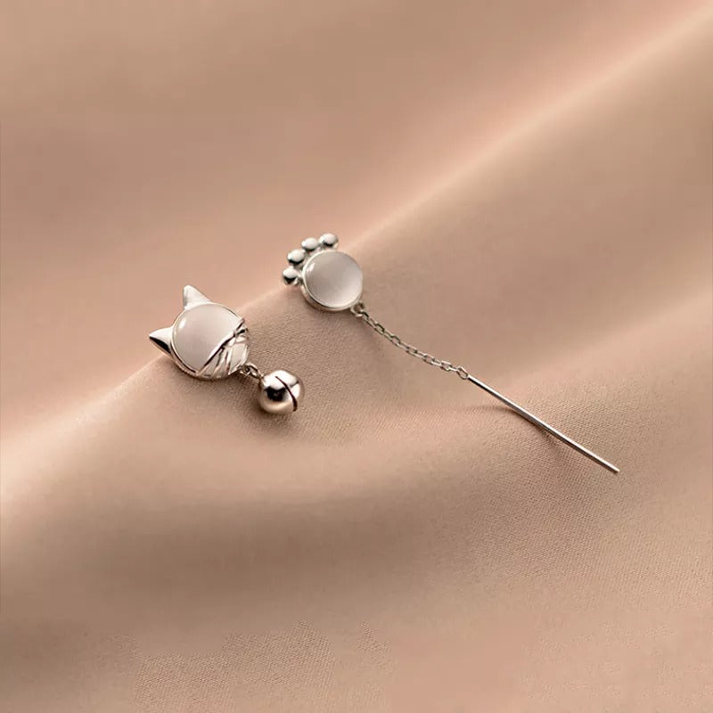 ANYCO Fashion Earrings Silver 925 Sterling Unique Cat Claw Chain Tassel Bell for Women Cute Cat Jewelry