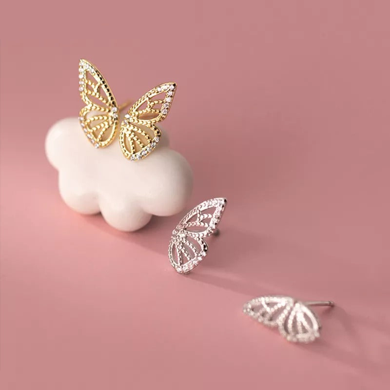 ANYCO Fashion Earrings Gold 925 Sterling Romantic Butterfly Small Stud for Women Charm Jewelry Girl Gift