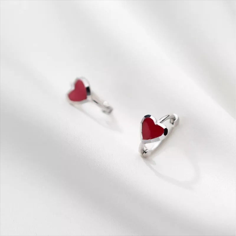 ANYCO  Fashion Earrings Silver 925 Sterling Romantic Love Heart Red Enamel Piercing Women Jewelry Ear Buckle