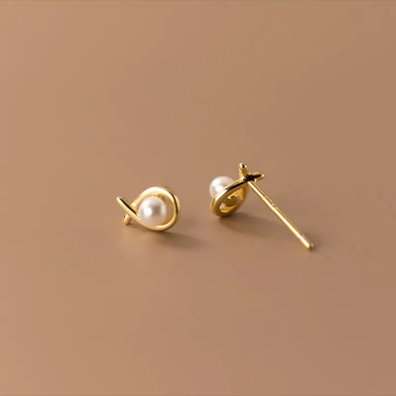 ANYCO Fashion Earrings Gold 925 Sterling Silver Simple Geometric Line Synthetic Pearl Small Stud for Women Piercing Jewelry